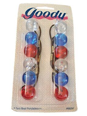 New Vintage Goody Twin Bead Ponytailers 1990s  Clear Blue Red Elastic Bands
